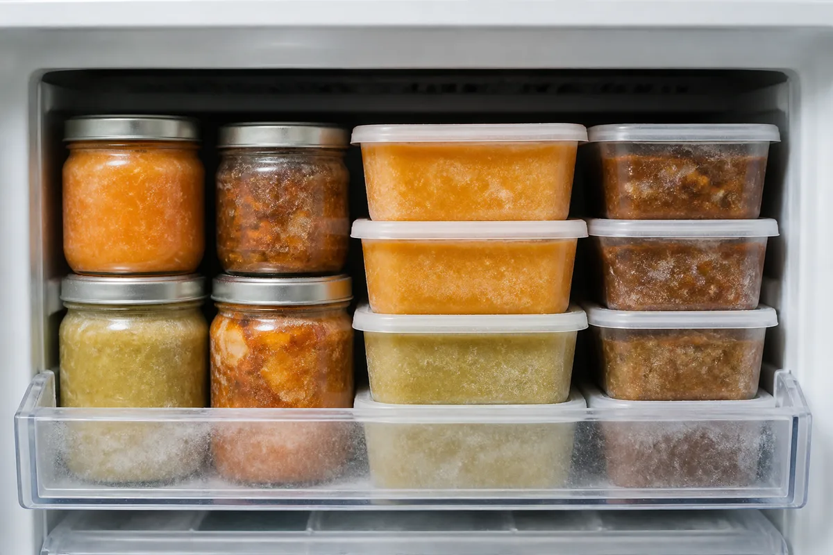 Portions individuelles de soupe et de plats mijotés en bocaux étiquetés rangés dans un congélateur