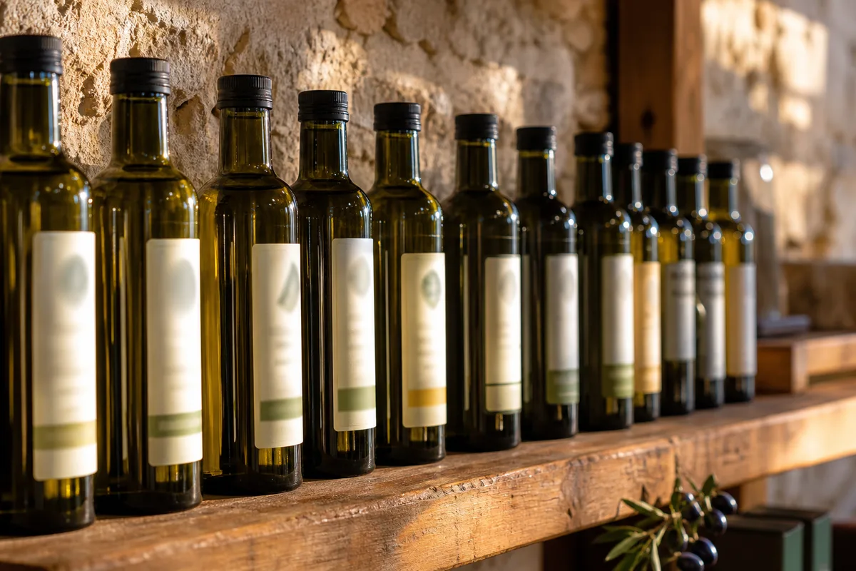Bouteilles d’huile d’olive AOP alignées sur une étagère de moulin provençal