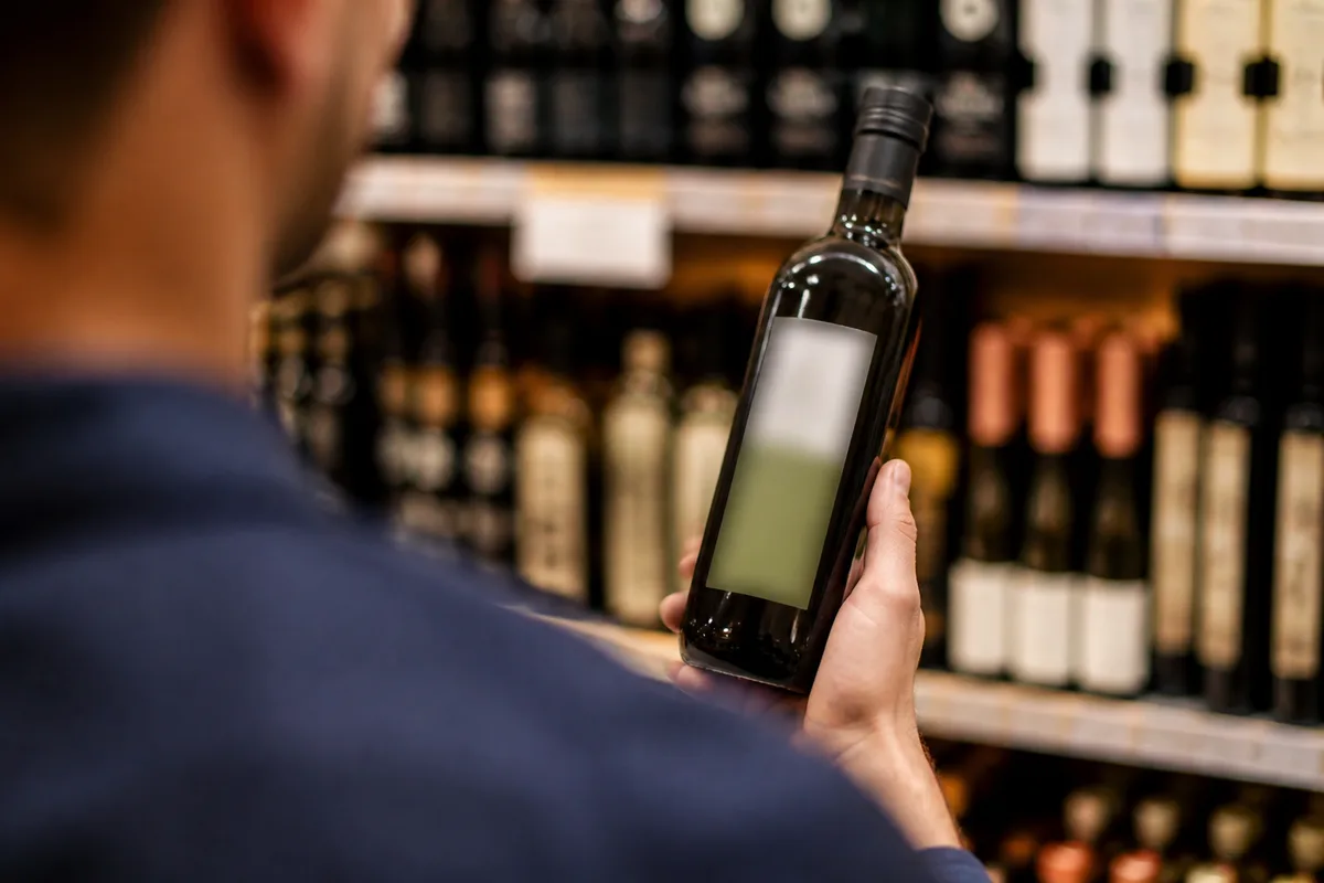 Main tenant une bouteille d’huile d’olive devant un rayon pour lire l’étiquette