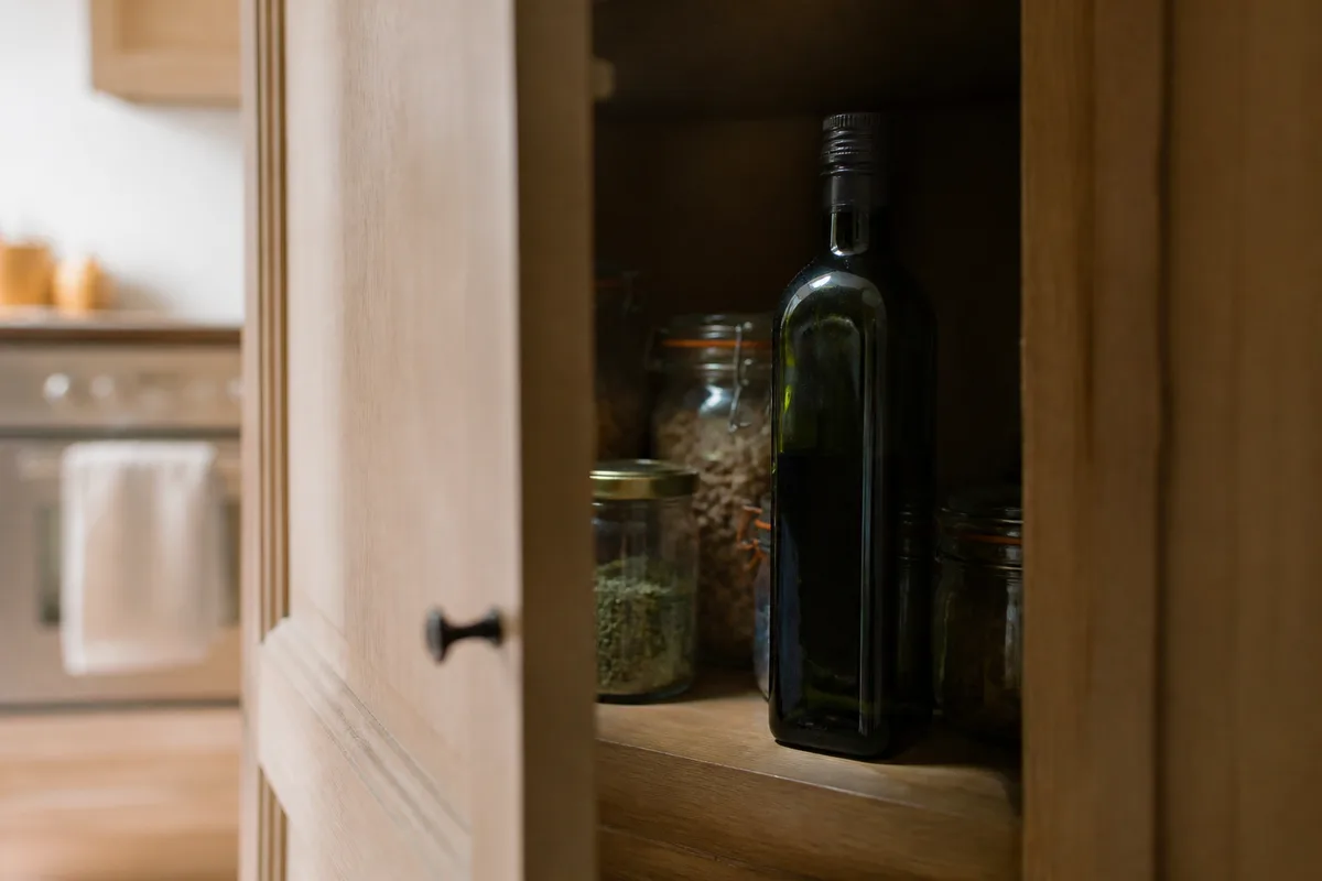 Bouteille en verre teinté rangée dans un placard sombre de cuisine