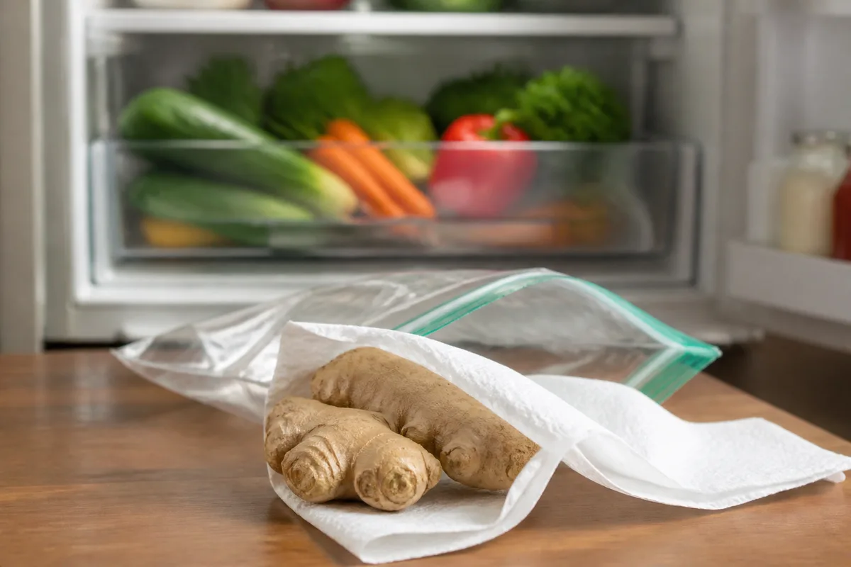 Rhizome de gingembre enveloppé dans du papier absorbant posé près d’un bac à légumes ouvert