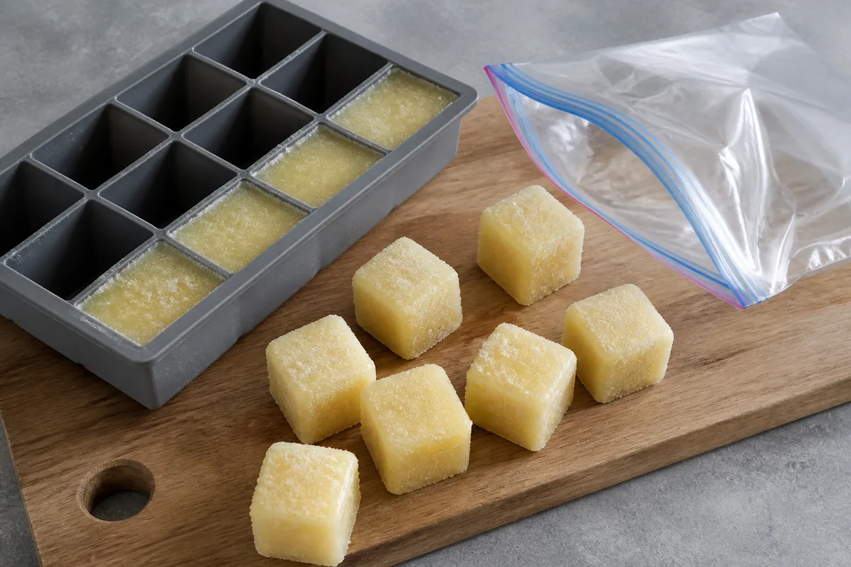 Cubes de purée de gingembre congelée démoulés d’un bac à glaçons sur une planche
