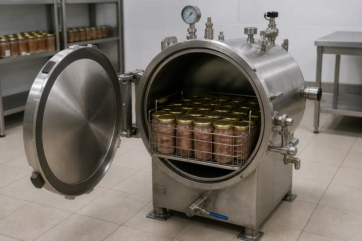Autoclave inox ouvert avec paniers de bocaux en verre dans un atelier de conserverie