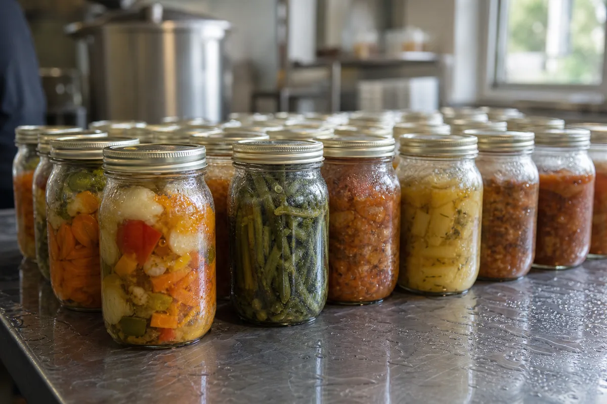Bocaux en verre à couvercle métallique uni alignés sur une table de refroidissement en inox