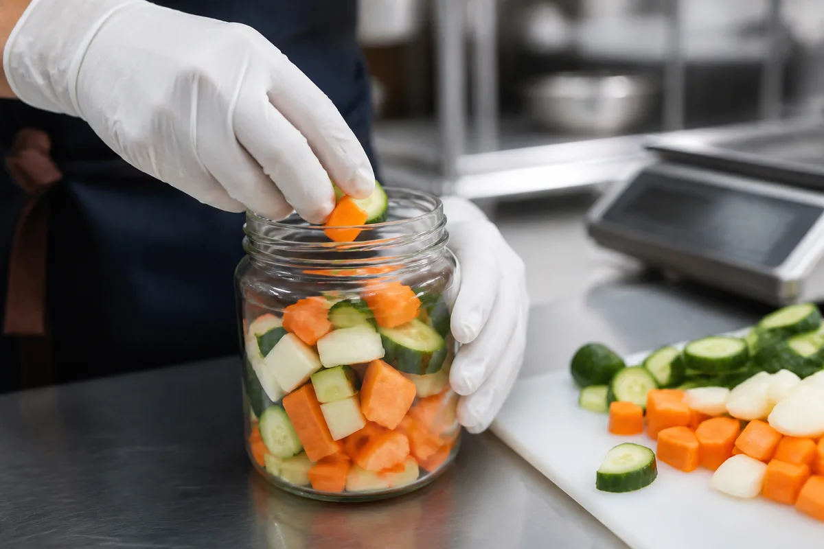 Mains gantées disposant des légumes coupés dans un bocal en verre sur un plan de travail inox