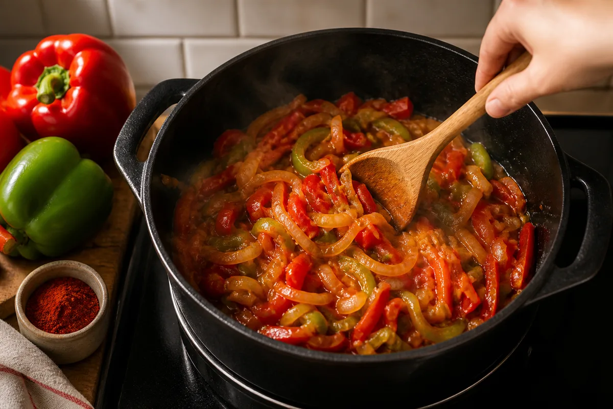 Cocotte en fonte de piperade basque mijotée avec poivrons et oignons