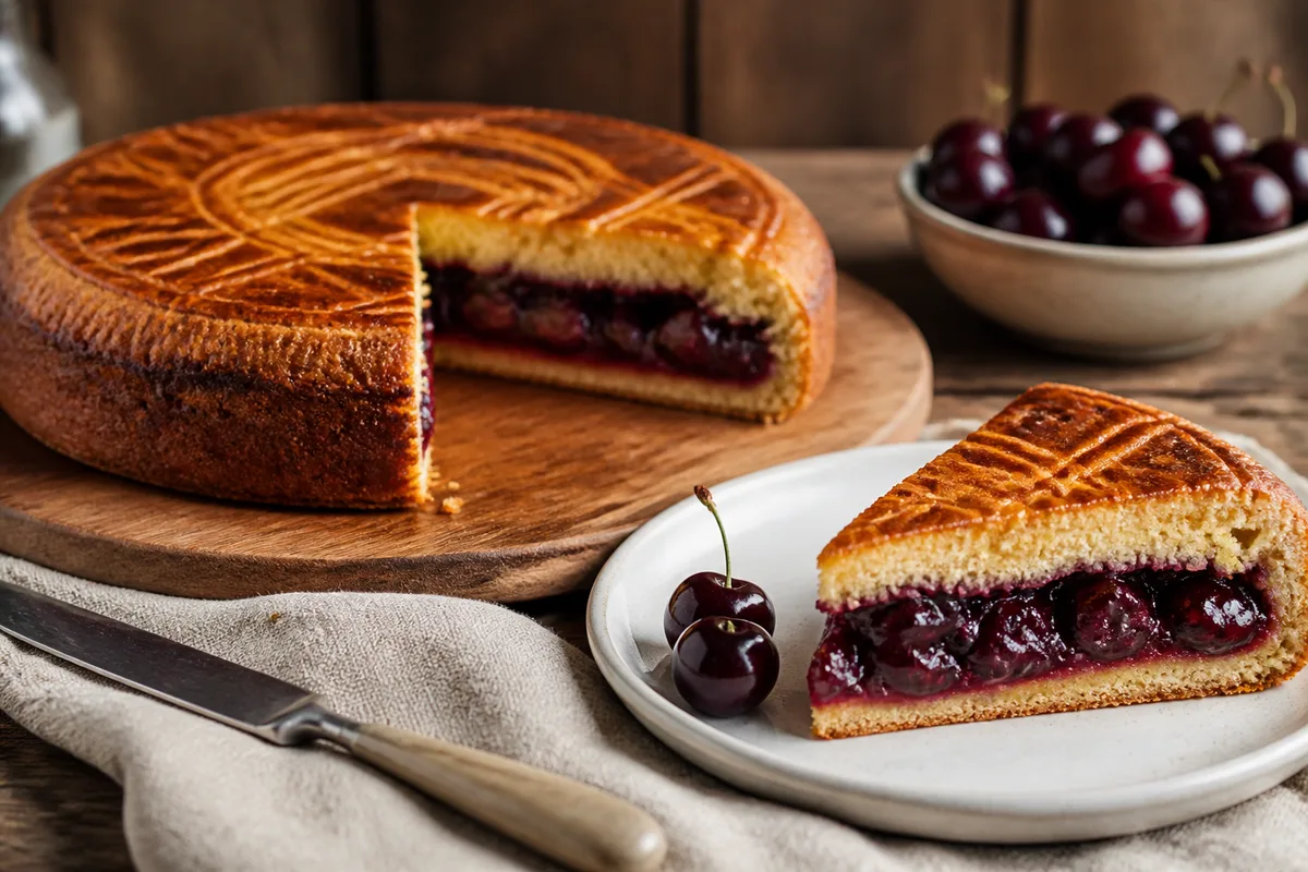Part de gâteau basque à la cerise noire posée sur un torchon en lin
