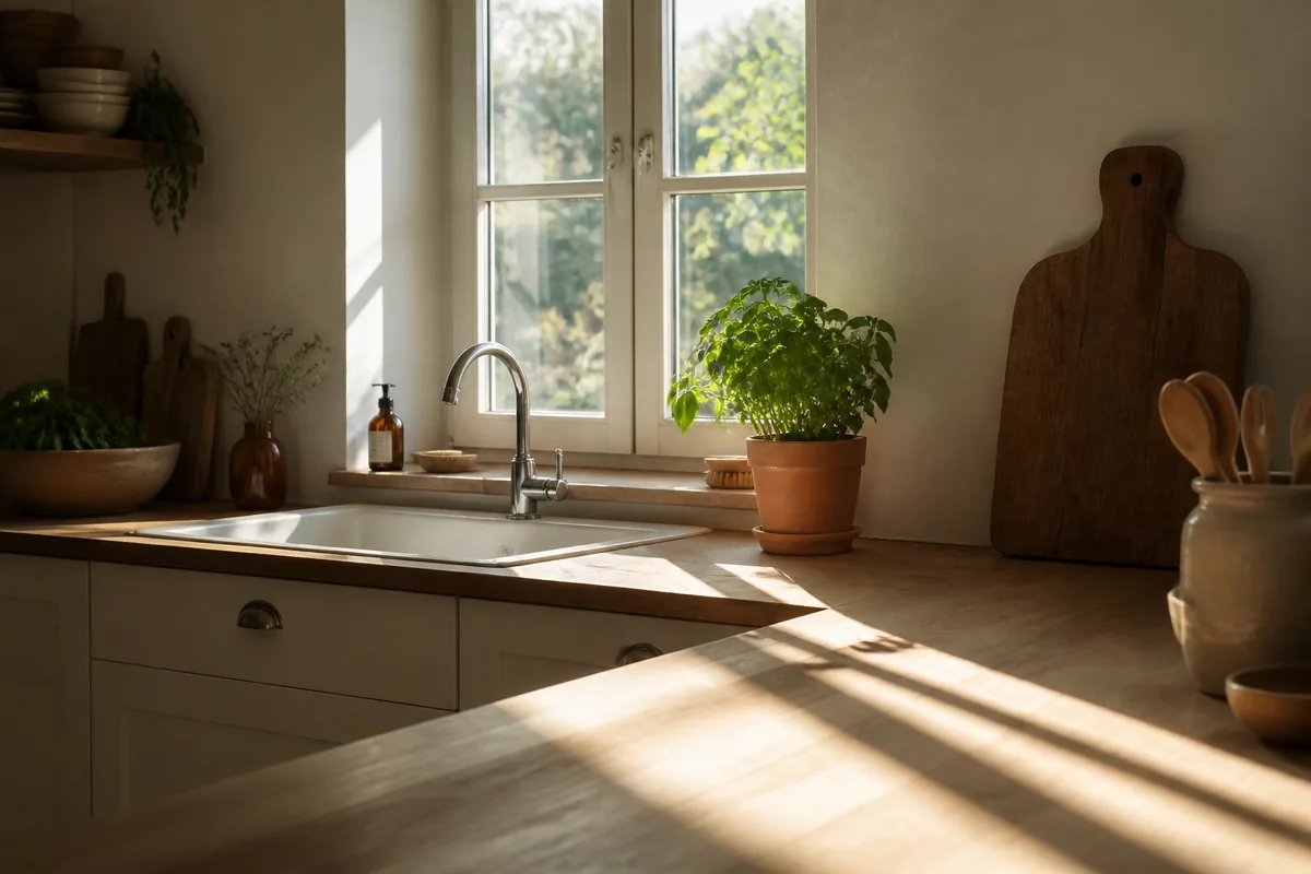 Cuisine ouverte baignée de lumière du matin avec plan de travail en bois clair près d&rsquo;une large fenêtre