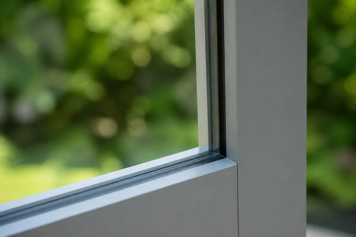Détail de menuiserie fine en aluminium clair encadrant un vitrage donnant sur un jardin