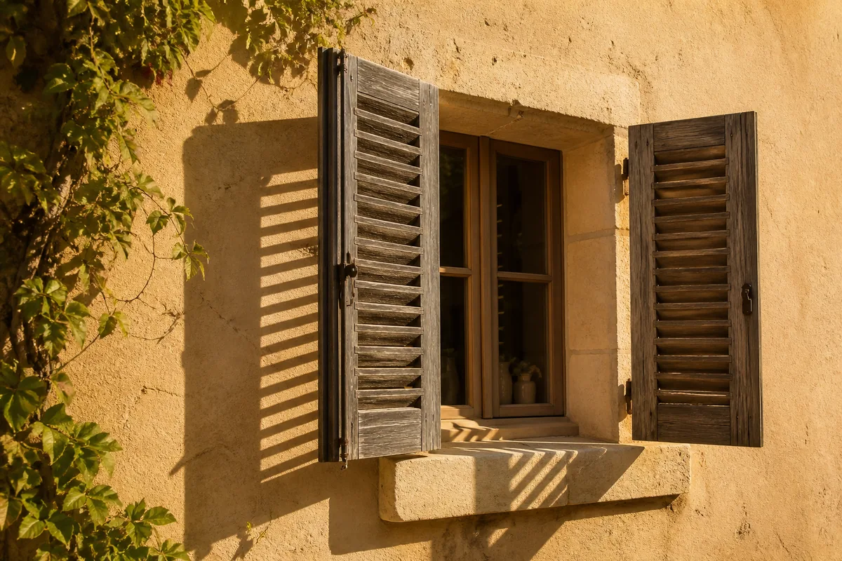 Volets extérieurs en bois entrouverts filtrant le soleil de fin de journée sur une façade claire