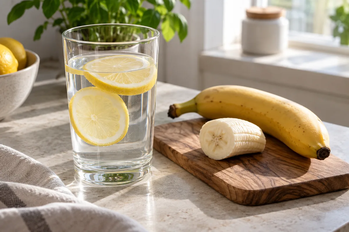 Verre d’eau citronnée et banane posés sur un plan de travail lumineux avant une séance de yoga matinale