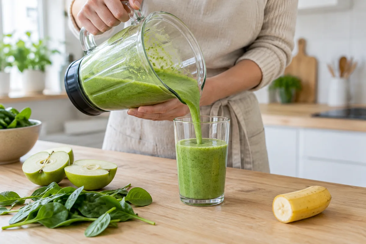 Mains versant un smoothie vert à l’épinard et à la pomme dans un verre, dans une cuisine claire