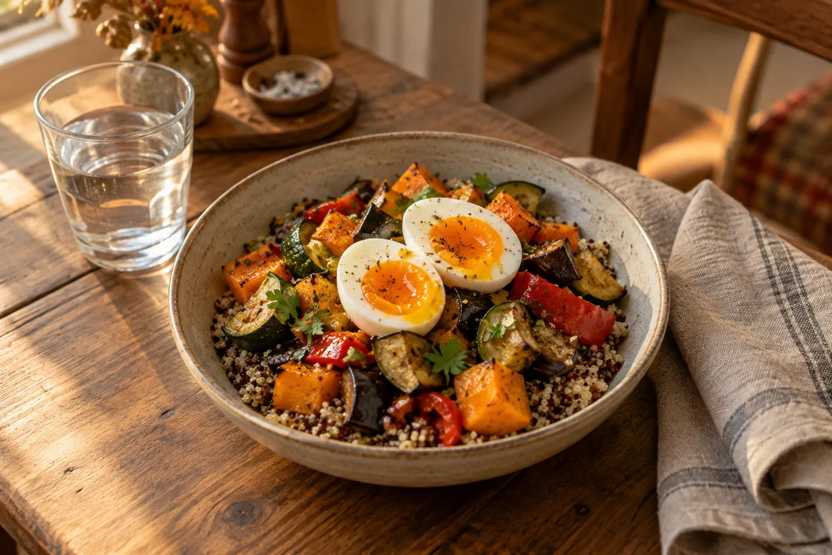 Assiette de légumes rôtis de saison et de quinoa servie pour le repas du soir sur une table en bois