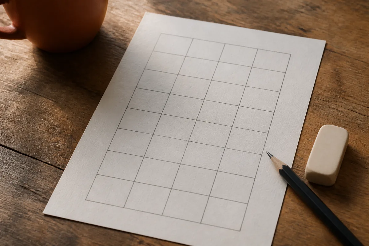 Feuille quadrillée posée sur un plan de travail avec une grille de menus tracée à la main