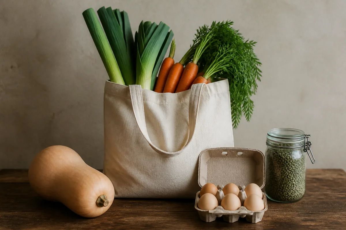 Cabas en toile posé sur une table avec légumes, boîte d’œufs et bocal de légumes secs