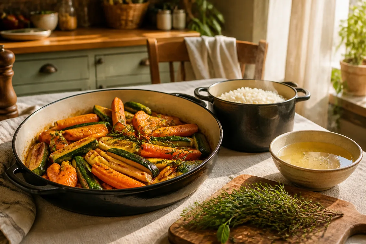 Bols de riz, carottes rôties et bouillon maison préparés à l&rsquo;avance sur une table de cuisine
