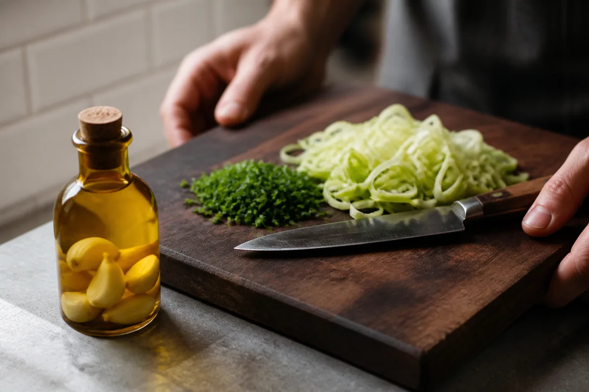 Flacon en verre ambré d&rsquo;huile d&rsquo;olive infusée à l&rsquo;ail posé près de vert de poireau émincé