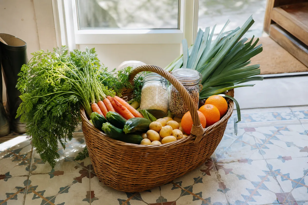 Panier en osier garni de carottes, courgettes, pommes de terre et bocaux de riz sur un carrelage de cuisine