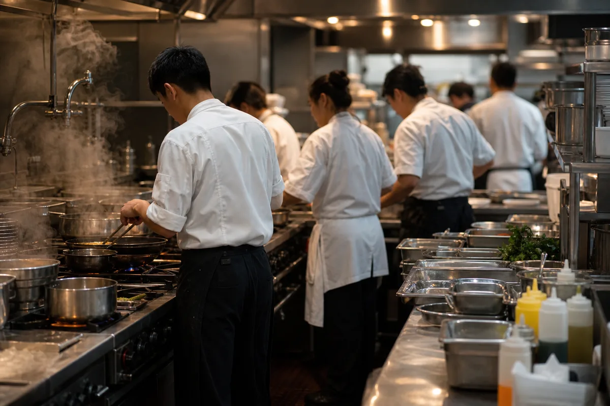 Cuisine professionnelle animée avec brigade au travail