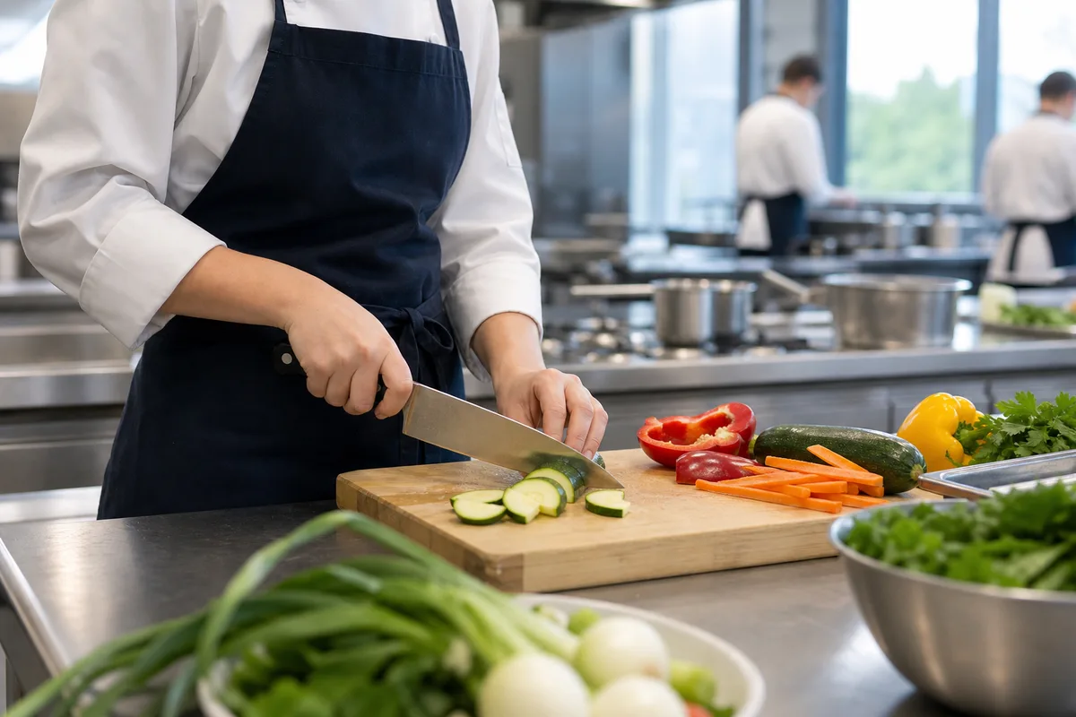 Jeune cuisinier en formation apprenant les gestes de base