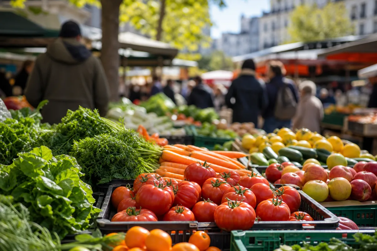 Marché local avec étals de produits frais et clients