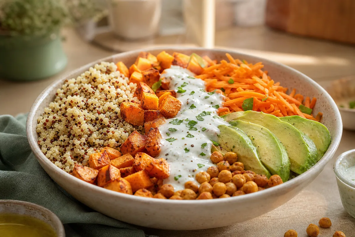 Assiette healthy équilibrée avec quinoa, légumes rôtis et pois chiches