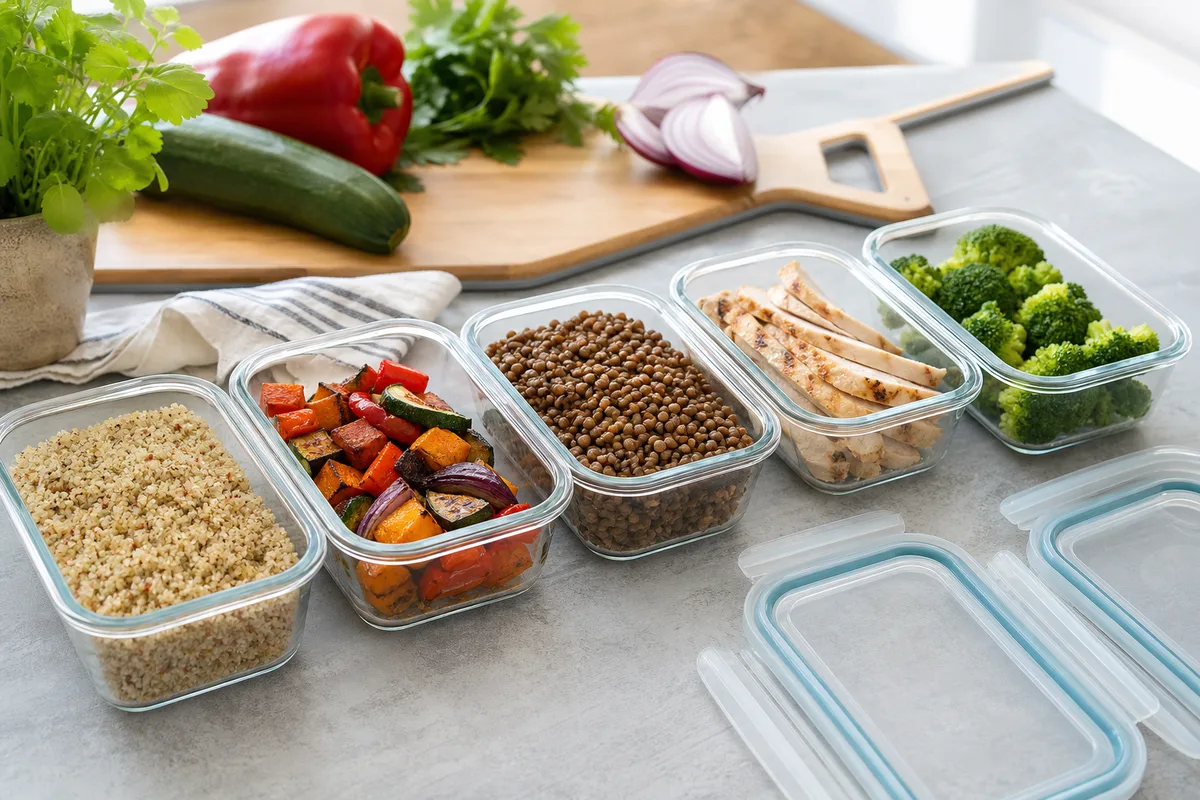 Boîtes de batch cooking préparées pour la semaine avec légumes et céréales