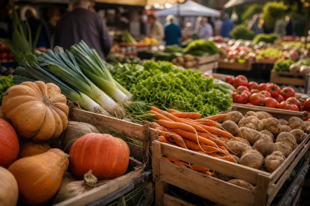 Étal de légumes de saison sur un marché français pour cuisiner sain à petit budget