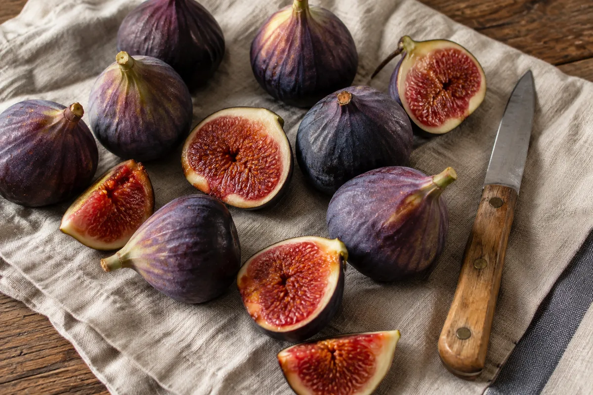 Figues violettes coupées en deux sur un torchon de lin, chair rouge visible