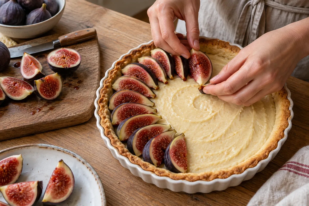 Mains disposant des quartiers de figues en rosace sur une crème d&rsquo;amande