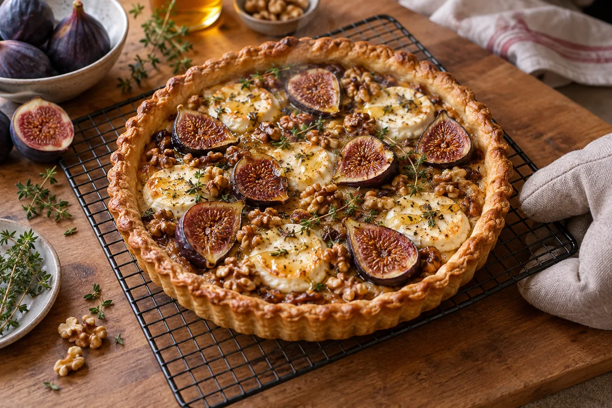 Tarte salée aux figues, chèvre et thym à la sortie du four