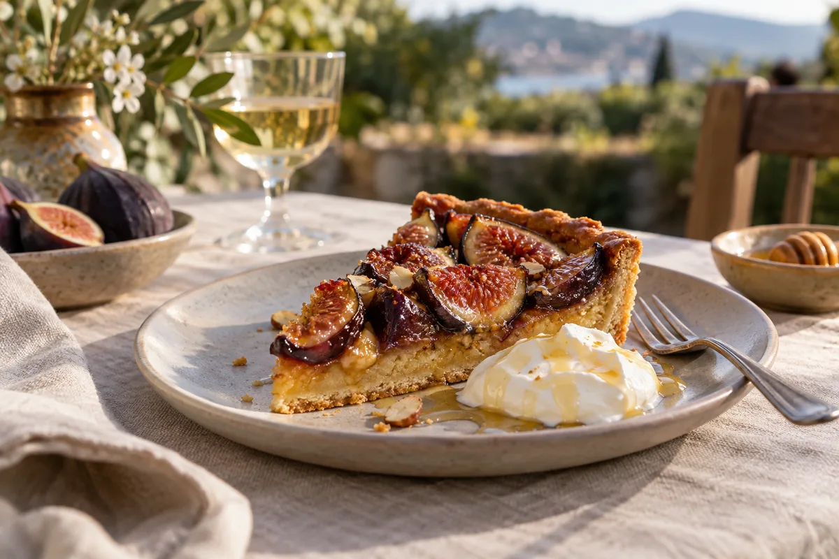 Part de tarte aux figues servie avec une cuillère de fromage frais